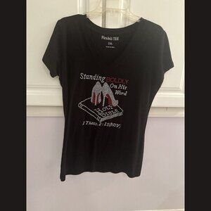 Flexibili Tee Womens 2XL Black Rhinestone Bible Verse Graphic V‎ Neck T Shirt